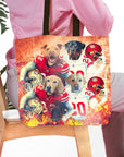 Personalized 4-pet tote bag featuring dogs in football uniforms against a fiery background.