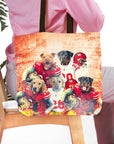 Personalized 5-pet tote bag with dogs in San Francisco 49ers football uniforms.
