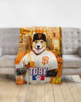 Personalized pet blanket featuring a corgi in a San Francisco Giants baseball uniform with "Toby" printed.