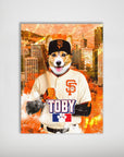 Personalized pet poster featuring a corgi in a San Francisco Giants baseball uniform, holding a bat, with a city skyline background.