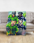 Personalized custom blanket with four dogs in green and blue football uniforms.