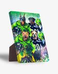 Personalized 'Seattle Doggos' standing canvas featuring four pets in football jerseys with helmets.