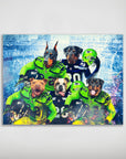 Personalized 5-pet poster featuring dogs in green and blue Seattle football jerseys on a stadium background.