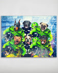 Personalized 'Seattle Doggos' poster featuring six pets as football players in green and blue jerseys.