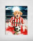 Personalized matte poster featuring a golden retriever in a red and white striped Sunderland football kit, holding a soccer ball.