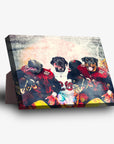 Personalized 3-pet standing canvas featuring dogs in red and white football jerseys.