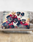 Personalized 5-pet blanket with dogs in football uniforms, red and white jerseys.