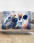 Personalized 2-pet blanket featuring dogs in football uniforms with a smoky, vibrant background.