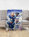 Personalized 4-pet blanket with dogs in blue and white football uniforms, draped over a gray sofa.