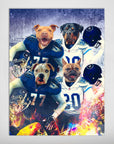 Personalized 4-pet poster featuring dogs in blue and white football uniforms with helmets.