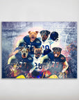 Personalized 5-pet poster featuring dogs in blue and white football uniforms on a stadium background.