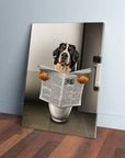 Personalized 'The Throne' canvas featuring a Bernese Mountain Dog reading a newspaper on a toilet.