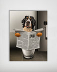 Personalized Bernese Mountain Dog poster on a toilet, reading a newspaper, with a matte finish.
