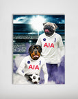 Personalized 'Tottenham Doggos Football' poster featuring a pug and rottweiler in white jerseys with a stadium background.