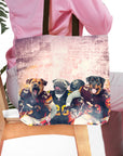 Personalized 3-pet dog portrait tote bag with pets in football uniforms.