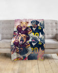 Personalized 4-pet blanket with dogs in football uniforms, draped over a gray sofa.