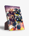 Personalized 4-pet standing canvas featuring dogs in football uniforms with helmets and fiery effects.