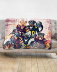 Personalized 5-pet blanket with dogs in football uniforms, draped on a grey couch.