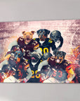 Personalized 5-pet canvas featuring dogs in football uniforms against a stadium backdrop with fiery effects.
