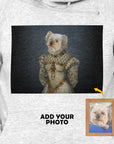Gray custom personalized hoody with a royal renaissance portrait of a white dog.