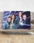 Personalized 1980s Lazer Portrait blanket with two humans and a French Bulldog in denim jackets.