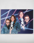 Personalized 1980s Lazer Portrait poster featuring a couple and their French Bulldog in denim jackets.