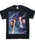 Black Gildan t-shirt with a personalized 80s lazer portrait of two people and a French bulldog.