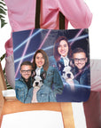 Personalized 1980s Lazer Portrait tote bag featuring a couple and French Bulldog on a dark background.