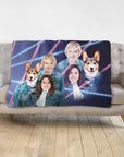 Personalized 1980s Lazer Portrait blanket featuring two women and two corgi dogs in denim jackets.