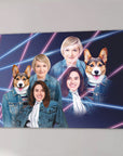 Personalized 1980s Lazer Portrait canvas featuring two women and two corgi dogs in denim jackets.