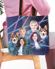 Personalized '80s Lazer Portrait tote bag with two women and two corgi dogs.