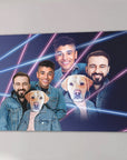 Custom 1980s Lazer Portrait canvas featuring three smiling men and two Labrador dogs in denim jackets.