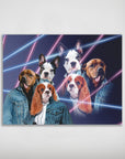 Personalized 1980s Lazer Portrait poster featuring five pets in denim jackets against neon pink and blue lines.