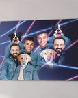 Personalized 1980s Lazer Portrait canvas with 3 men and 3 dogs in denim jackets, neon pink and blue lines.