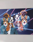 Personalized 1980s Lazer Portrait canvas featuring six pets in denim jackets against neon lines.