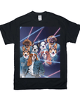 Black Gildan tee with a '1980s Lazer Portrait' featuring four dogs in denim jackets.