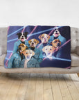 Personalized minky blanket with a custom 1980s Lazer Portrait of 7 dogs in denim jackets.