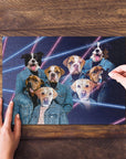 Personalized 4 pet puzzle, 1980s Lazer Portrait style, featuring dogs in denim jackets.