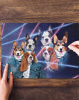 Personalized 1980s Lazer Portrait puzzle featuring five custom pet portraits in denim jackets.