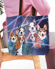 Personalized 1980s Lazer Portrait pet tote bag featuring five dogs in denim jackets.