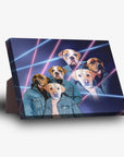 Personalized 3 pet standing canvas with dogs in 80s lazer portrait style, wearing denim jackets.