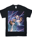 Black Gildan t-shirt with a "1980's Lazer Portrait (Males)" design featuring six dogs in denim jackets.