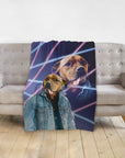 Personalized pet blanket with a dog in a denim jacket and neon laser portrait style.