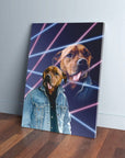 Personalized pet canvas featuring a dog in a denim jacket with 80s neon lazer background.
