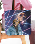 Personalized '1980s Lazer Portrait' tote bag featuring a custom dog portrait in a denim jacket.