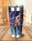 Personalized stainless steel tumbler with a custom 1980s Lazer Portrait of a dog in a denim jacket.