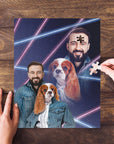 Personalized 1980s Lazer Portrait puzzle featuring a human male and a Cavalier King Charles Spaniel pet.