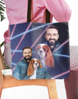 Personalized 1980s Lazer Portrait tote bag with a man and a Cavalier King Charles Spaniel dog.