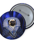 Custom personalized pet portrait pin featuring a pug in a royal blue renaissance gown with lace and pearls.