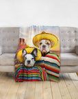 Personalized '2 Amigos' blanket with custom pet portraits of a French Bulldog and Bulldog in sombreros and ponchos.